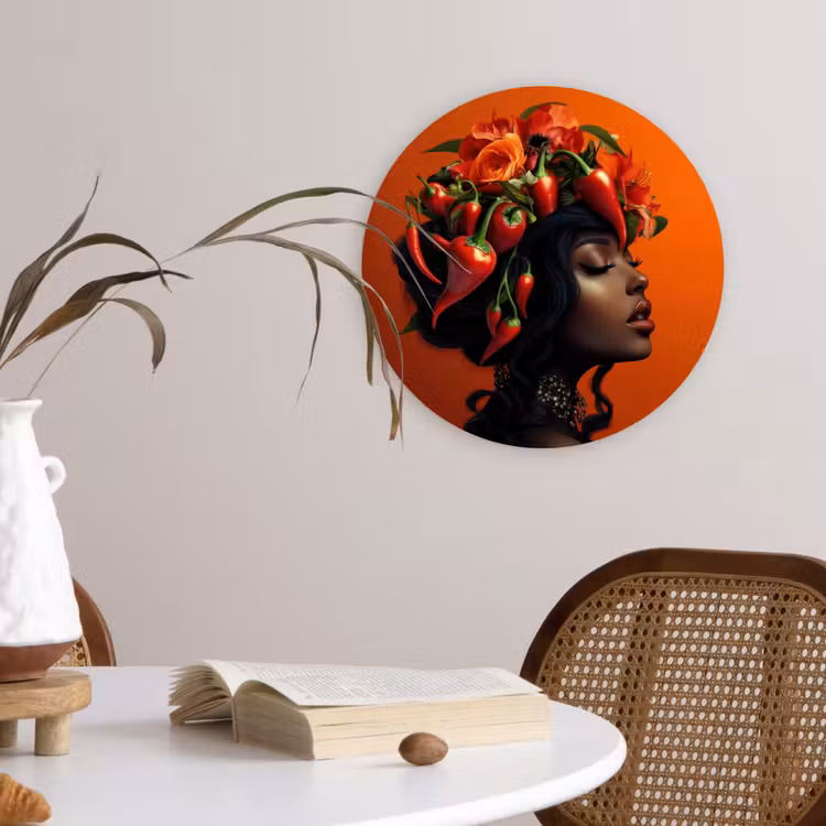 Vrouw - Chilipepers - Pepers - Bloemen Wandcirkel plexiglas klein -sfeer4