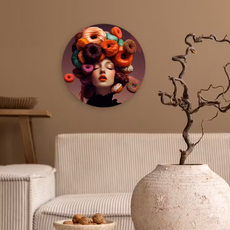Vrouw - Donuts - Kleurrijk Wandcirkel plexiglas klein -sfeer1