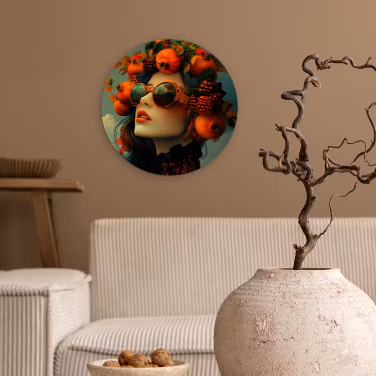 Vrouw - Granaatappel - Herfst - Zonnebril Wandcirkel plexiglas klein -sfeer1