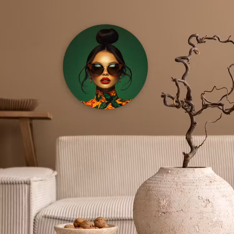 Vrouw - Groen - Modern - Bril - Abstract Wandcirkel plexiglas klein -sfeer1