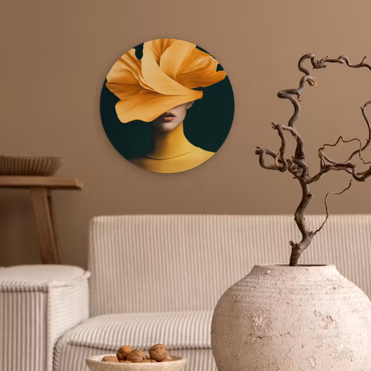 Vrouw - Hoed - Geel Wandcirkel plexiglas klein -sfeer1