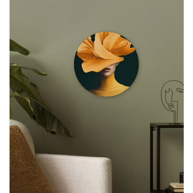 Vrouw - Hoed - Geel Wandcirkel plexiglas klein -sfeer3