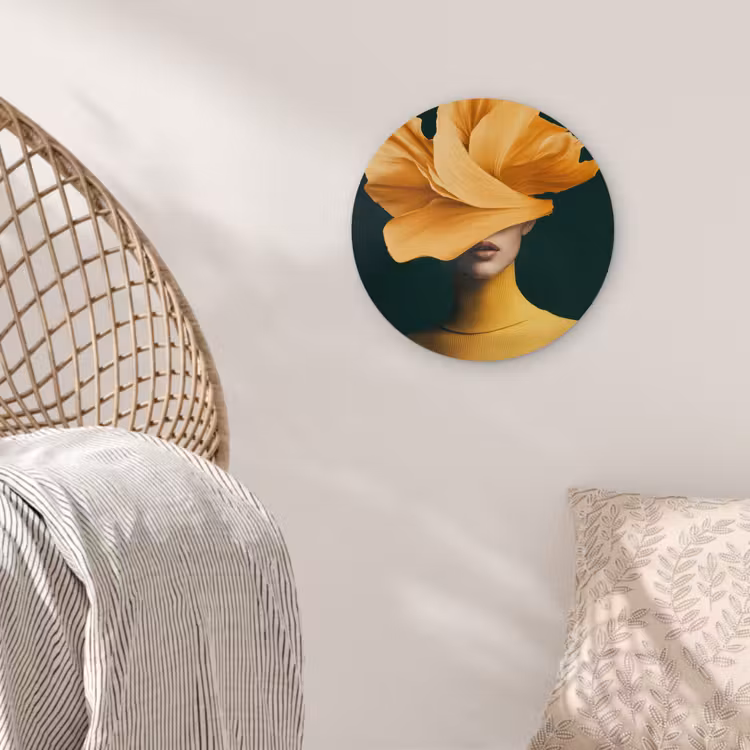 Vrouw - Hoed - Geel Wandcirkel plexiglas klein -sfeer5