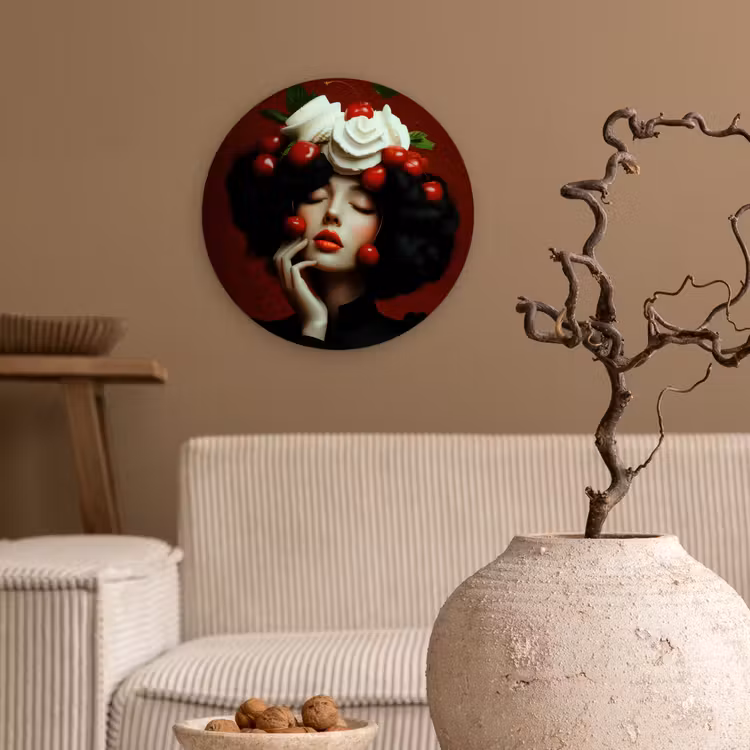 Vrouw - Kersen - Slagroom Wandcirkel plexiglas klein -sfeer1