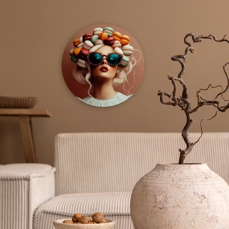 Vrouw - Macarons - Bril Wandcirkel plexiglas klein -sfeer1