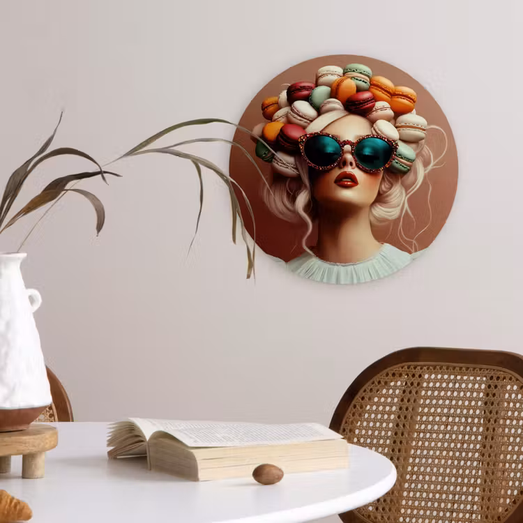 Vrouw - Macarons - Bril Wandcirkel plexiglas klein -sfeer4