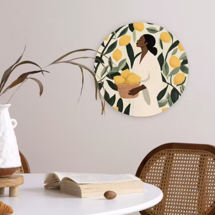 Vrouw - Mand - Citroenen - Bladeren Wandcirkel plexiglas klein -sfeer4