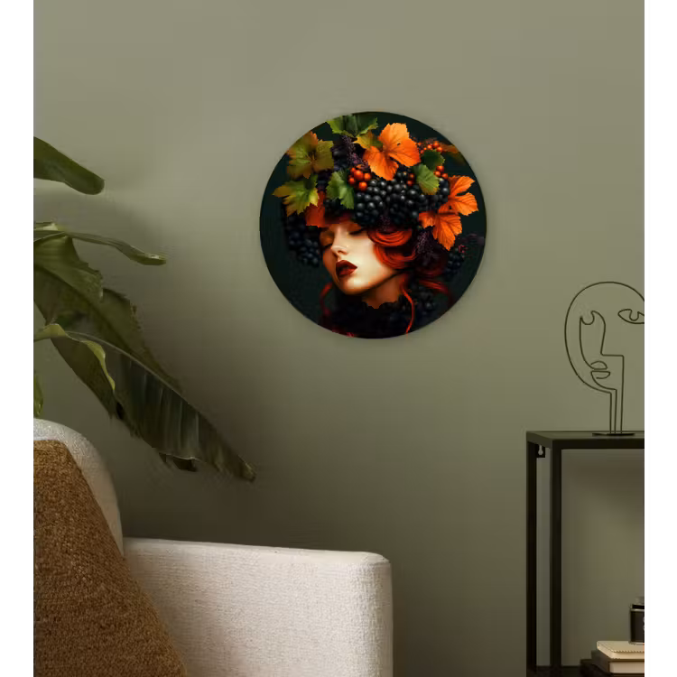 Vrouw - Rood - Groen - Druiven Wandcirkel plexiglas klein -sfeer3
