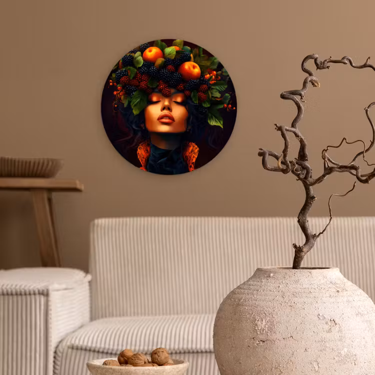 Vrouw - Zwart - Bessen - Bramen - Appels Wandcirkel plexiglas klein -sfeer1