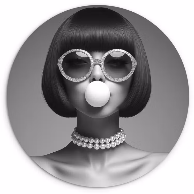 Vrouw - Zwart Wit - Ketting - Zonnebril Wandcirkel plexiglas klein -3d