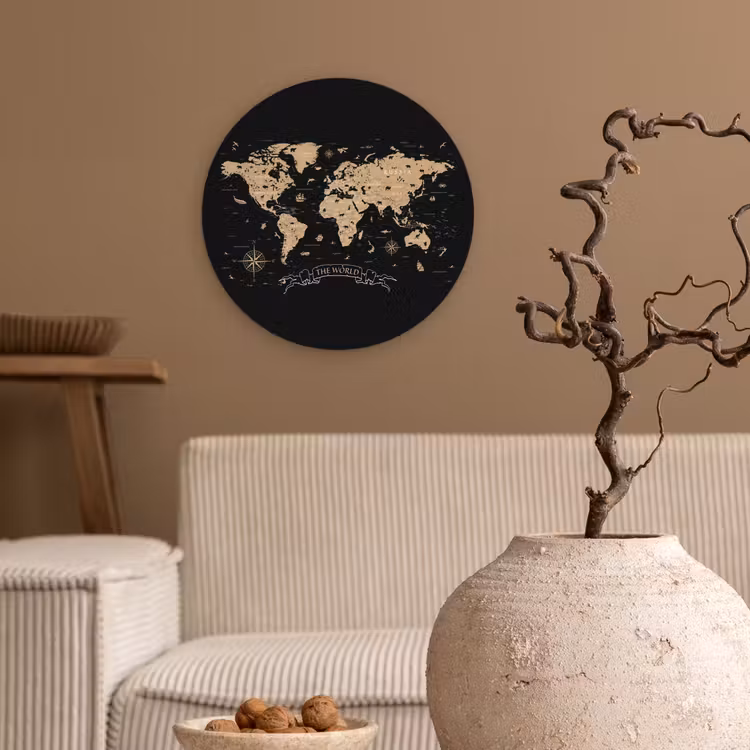 Wereldkaart - Beige - Zwart Wandcirkel plexiglas klein -sfeer1
