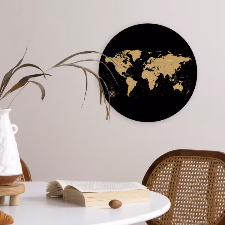 Wereldkaart - Beige - Zwart Wandcirkel plexiglas klein -sfeer4