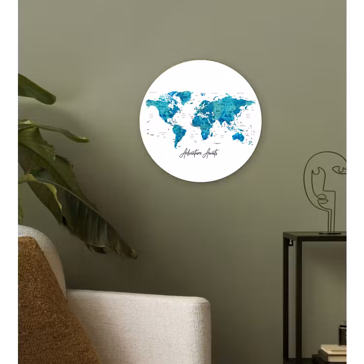 Wereldkaart - Blauw - Kleurrijk Wandcirkel plexiglas klein -sfeer3