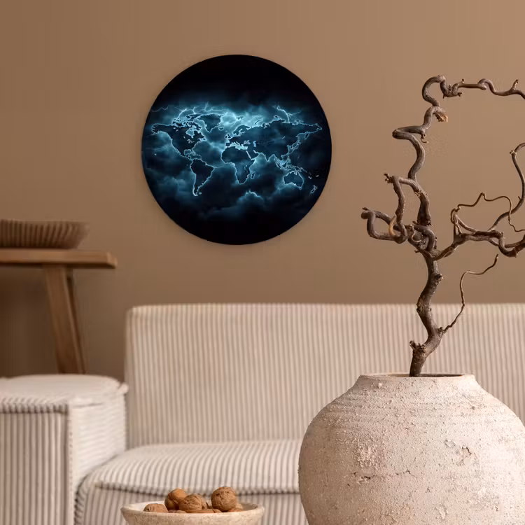Wereldkaart - Bliksem - Blauw Wandcirkel plexiglas klein -sfeer1