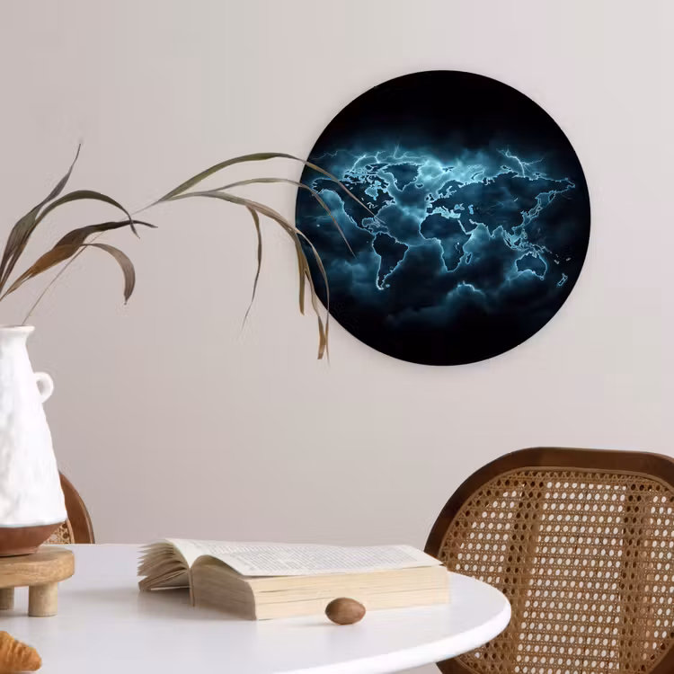 Wereldkaart - Bliksem - Blauw Wandcirkel plexiglas klein -sfeer4