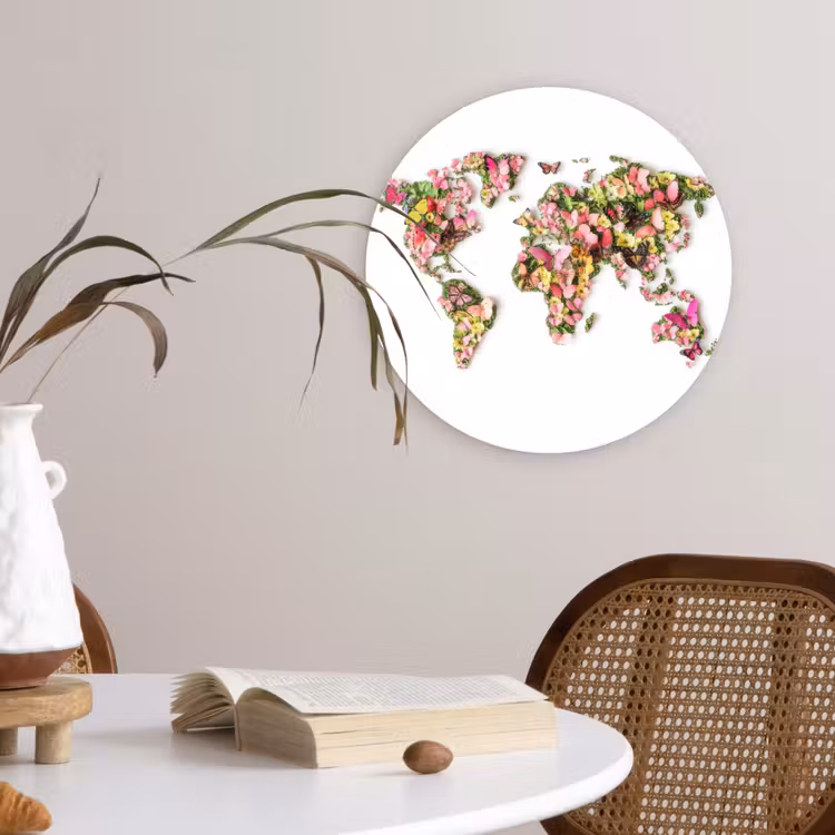 Wereldkaart - Bloemen - Felgekleurd Wandcirkel plexiglas klein -sfeer4