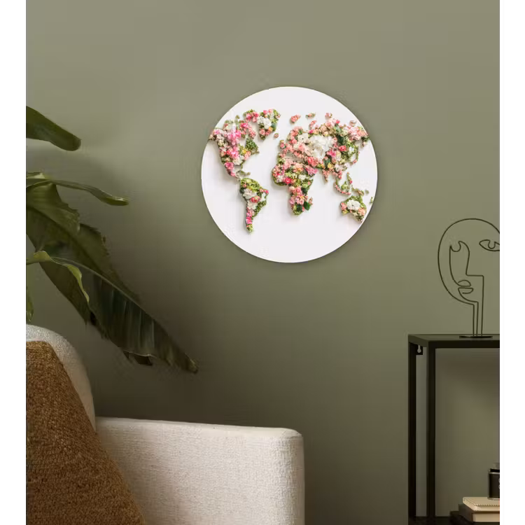 Wereldkaart - Bloemen - Subtiel Wandcirkel plexiglas klein -sfeer3