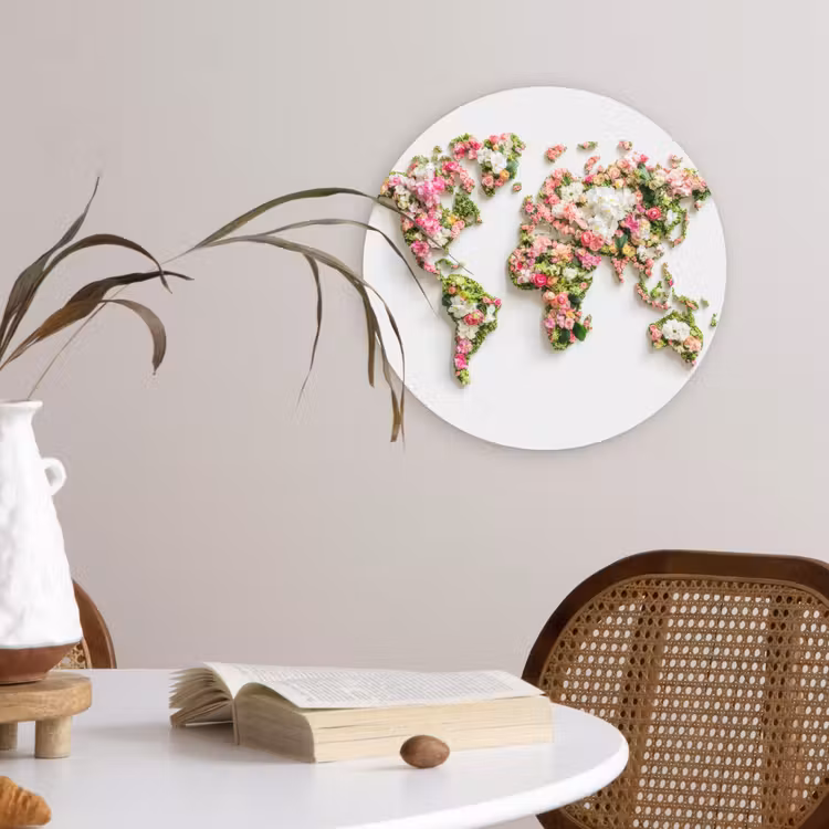 Wereldkaart - Bloemen - Subtiel Wandcirkel plexiglas klein -sfeer4