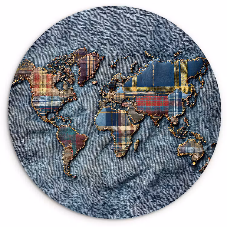 Wereldkaart - Denim - Textiel Wandcirkel plexiglas klein -3d