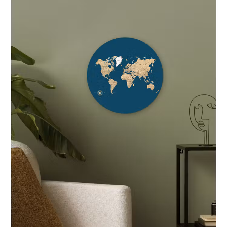 Wereldkaart - Donkerblauw - Beige Wandcirkel plexiglas klein -sfeer3