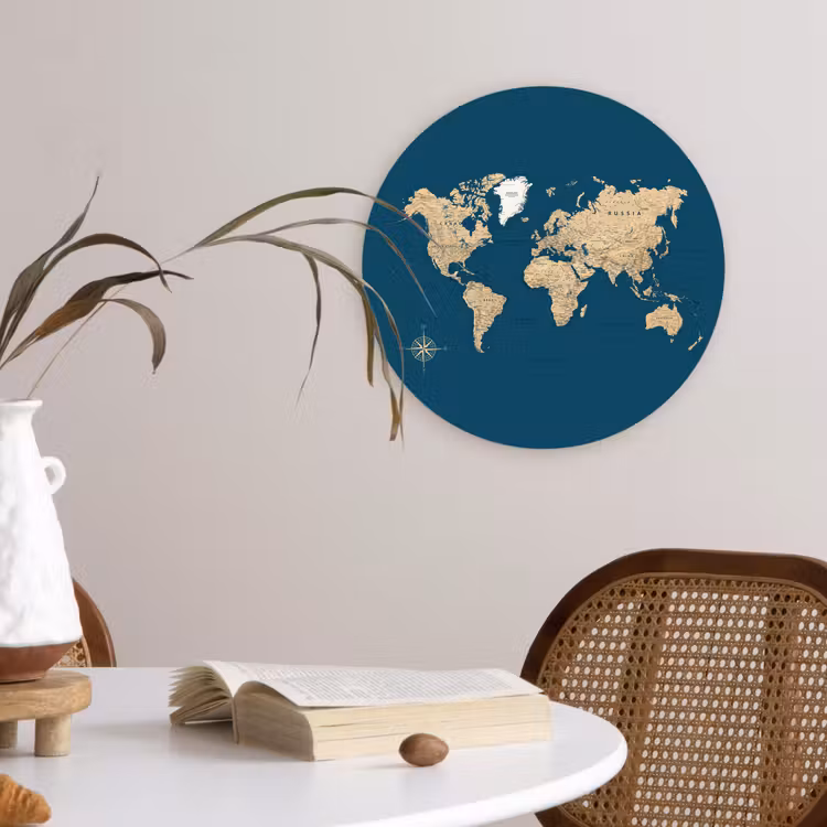 Wereldkaart - Donkerblauw - Beige Wandcirkel plexiglas klein -sfeer4