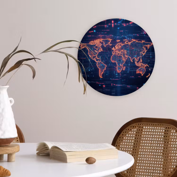 Wereldkaart - Futuristisch - Oranje Wandcirkel plexiglas klein -sfeer4