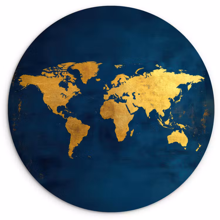Wereldkaart - Goud - Donkerblauw Wandcirkel plexiglas klein -3d