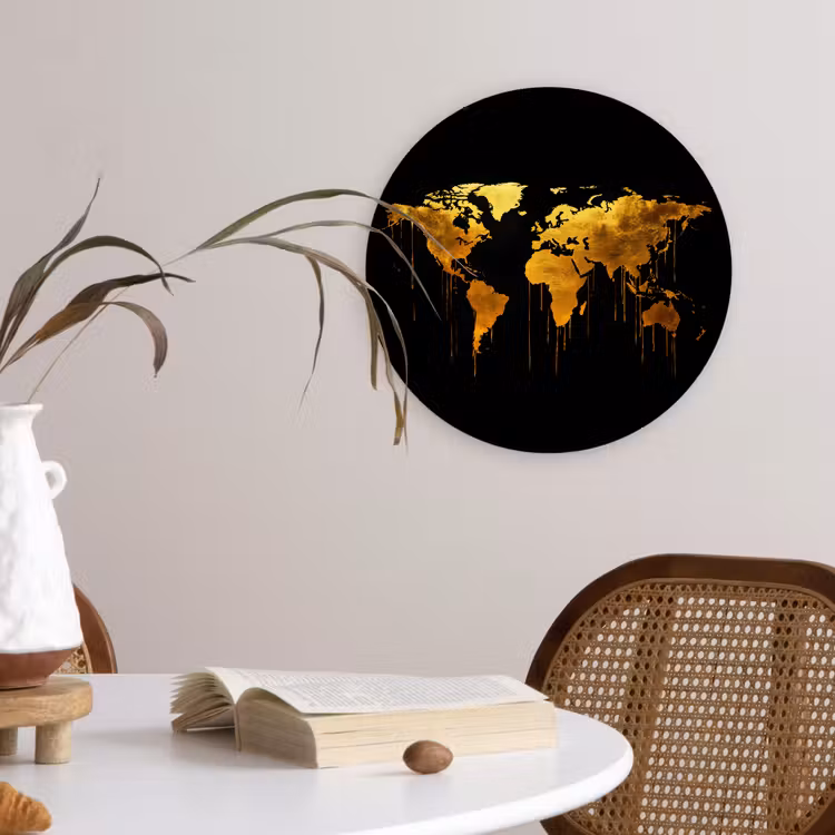 Wereldkaart - Goud - Druipen - Zwart Wandcirkel plexiglas klein -sfeer4