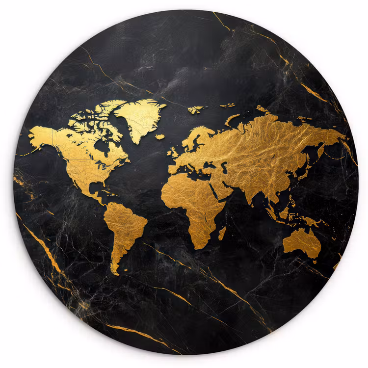 Wereldkaart - Goud - Marmer Wandcirkel plexiglas klein -3d