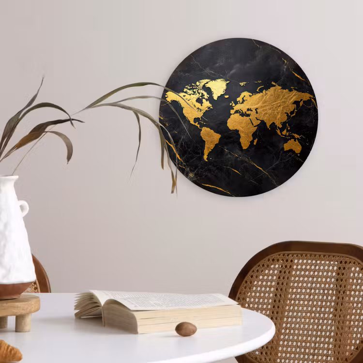 Wereldkaart - Goud - Marmer Wandcirkel plexiglas klein -sfeer4