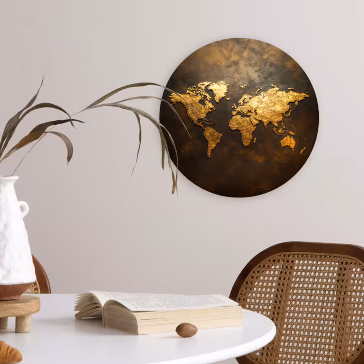 Wereldkaart - Goud - Roest Wandcirkel plexiglas klein -sfeer4