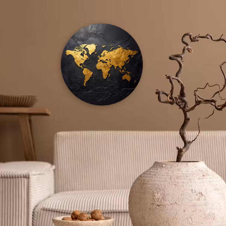 Wereldkaart - Goud - Steen Wandcirkel plexiglas klein -sfeer1