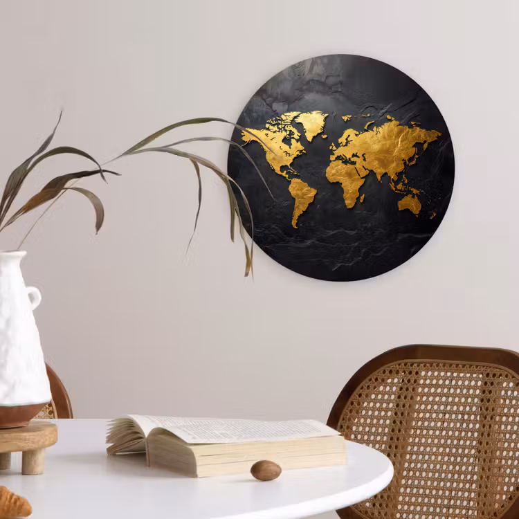 Wereldkaart - Goud - Steen Wandcirkel plexiglas klein -sfeer4