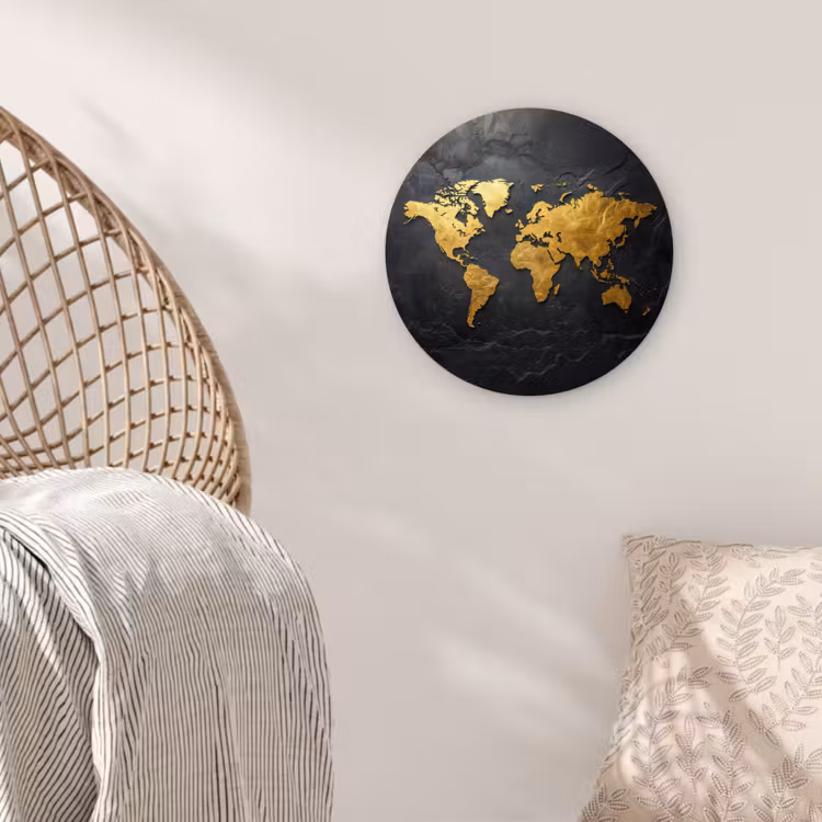 Wereldkaart - Goud - Steen Wandcirkel plexiglas klein -sfeer5