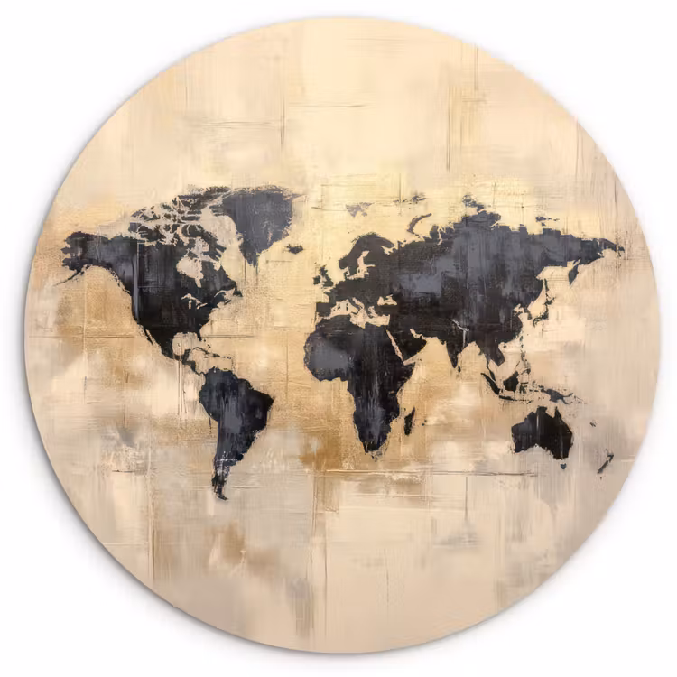Wereldkaart - Goud - Zwart - Abstract Wandcirkel plexiglas klein -3d