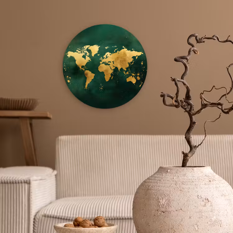 Wereldkaart - Groen - Goud Wandcirkel plexiglas klein -sfeer1