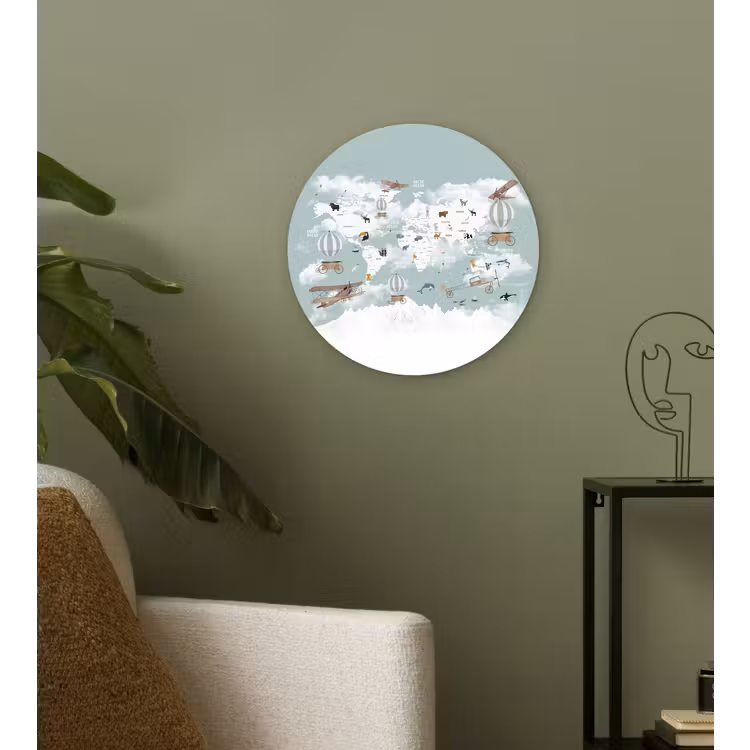 Wereldkaart - Kind - Vliegtuig Wandcirkel plexiglas klein -sfeer3