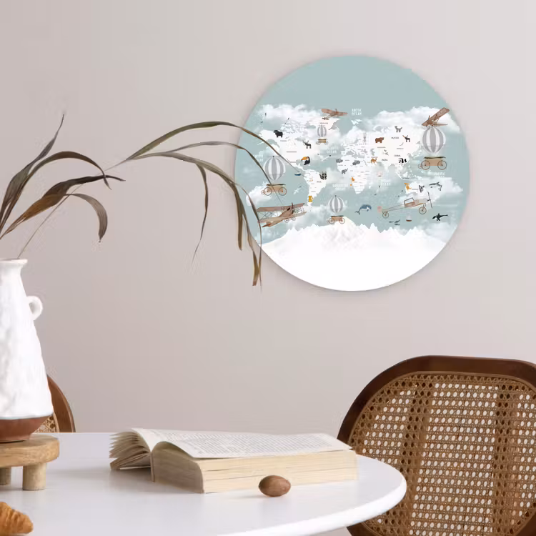 Wereldkaart - Kind - Vliegtuig Wandcirkel plexiglas klein -sfeer4