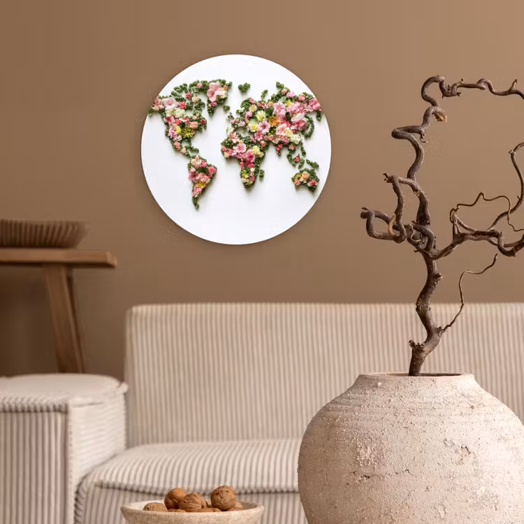 Wereldkaart - Kleurrijk - Bloemen - Lente Wandcirkel plexiglas klein -sfeer1