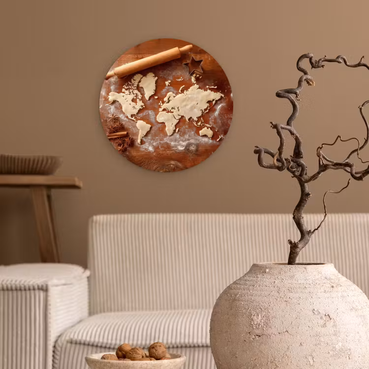 Wereldkaart - Koekjesdeeg - Warme baksfeer Wandcirkel plexiglas klein -sfeer1