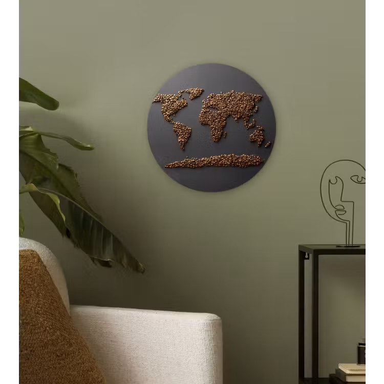 Wereldkaart - Koffie - Grijs Wandcirkel plexiglas klein -sfeer3