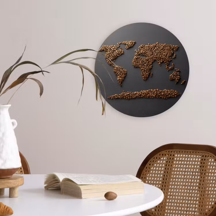 Wereldkaart - Koffie - Grijs Wandcirkel plexiglas klein -sfeer4