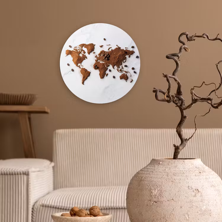 Wereldkaart - Koffie - Marmer Wandcirkel plexiglas klein -sfeer1