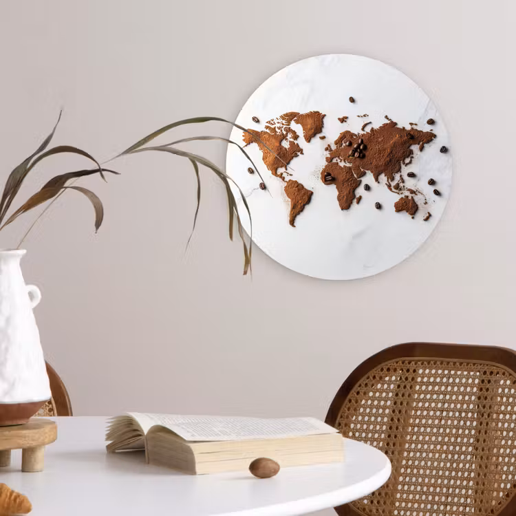 Wereldkaart - Koffie - Marmer Wandcirkel plexiglas klein -sfeer4
