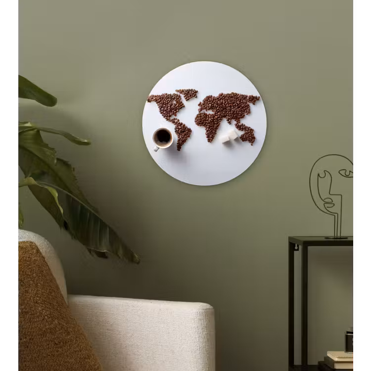 Wereldkaart - Koffiebonen - Suikerklontjes Wandcirkel plexiglas klein -sfeer3