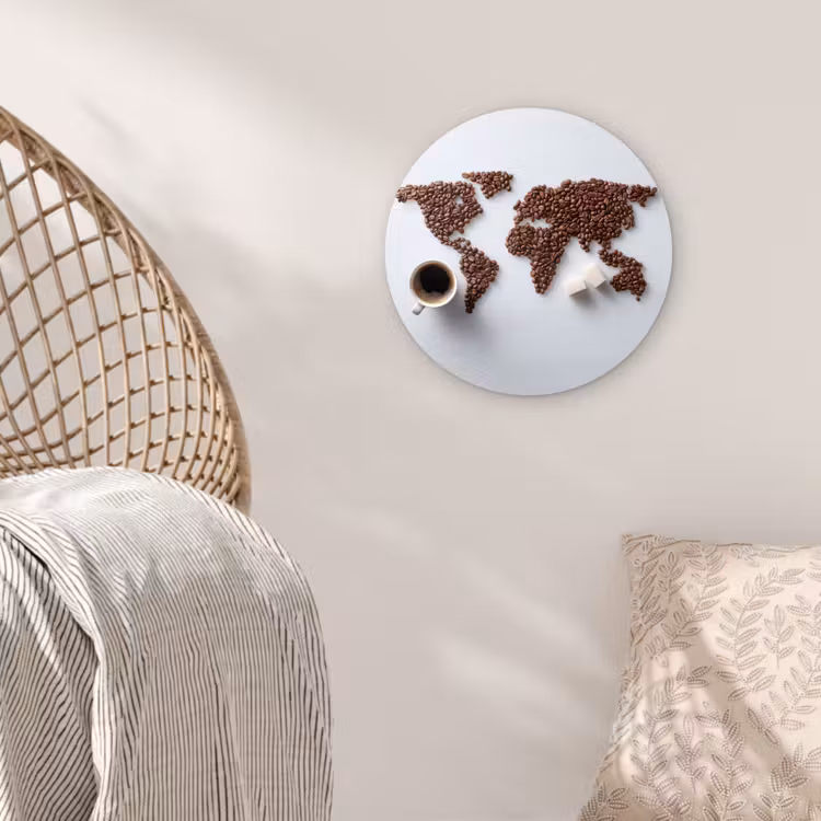 Wereldkaart - Koffiebonen - Suikerklontjes Wandcirkel plexiglas klein -sfeer5