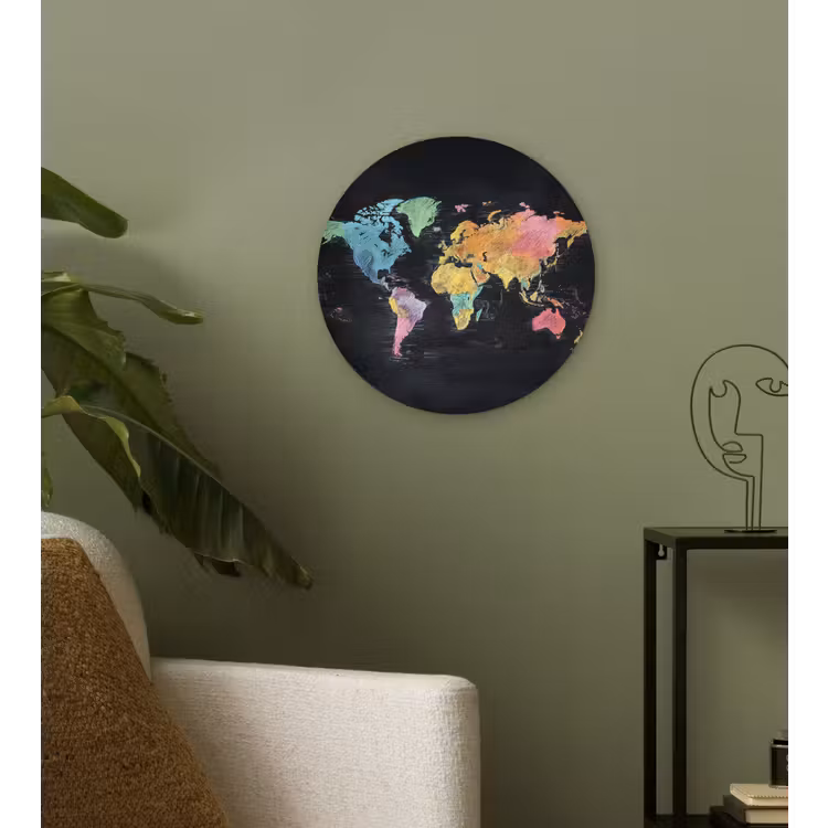 Wereldkaart - Krijtstrepen - Regenboog Wandcirkel plexiglas klein -sfeer3