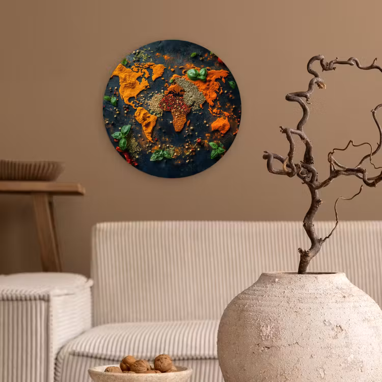Wereldkaart - Kruiden - Levendige kleuren Wandcirkel plexiglas klein -sfeer1