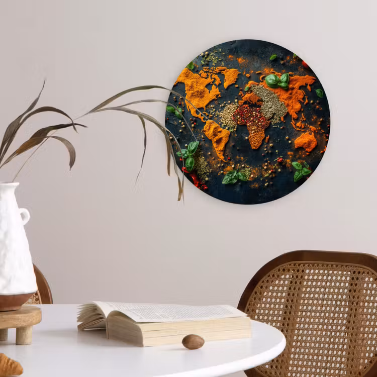 Wereldkaart - Kruiden - Levendige kleuren Wandcirkel plexiglas klein -sfeer4