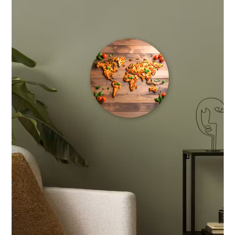 Wereldkaart - Pizza - Houten ondergrond Wandcirkel plexiglas klein -sfeer3